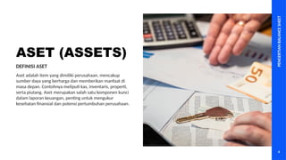 PENGERTIAN
BALANCE
SHEET
4
ASET (ASSETS)
Aset adalah item yang dimiliki perusahaan, mencakup
sumber daya yang berharga dan memberikan manfaat di
masa depan. Contohnya meliputi kas, inventaris, properti,
serta piutang. Aset merupakan salah satu komponen kunci
dalam laporan keuangan, penting untuk mengukur
kesehatan finansial dan potensi pertumbuhan perusahaan.
DEFINISI ASET
 