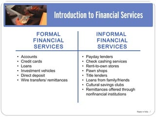 FORMAL                         INFORMAL
           FINANCIAL                       FINANCIAL
           SERVICES                         SERVICES
•   Accounts                      •   Payday lenders
•   Credit cards                  •   Check cashing services
•   Loans                         •   Rent-to-own stores
•   Investment vehicles           •   Pawn shops
•   Direct deposit                •   Title lenders
•   Wire transfers/ remittances   •   Loans from family/friends
                                  •   Cultural savings clubs
                                  •   Remittances offered through
                                      nonfinancial institutions



                                                                    Happy to help…!
 