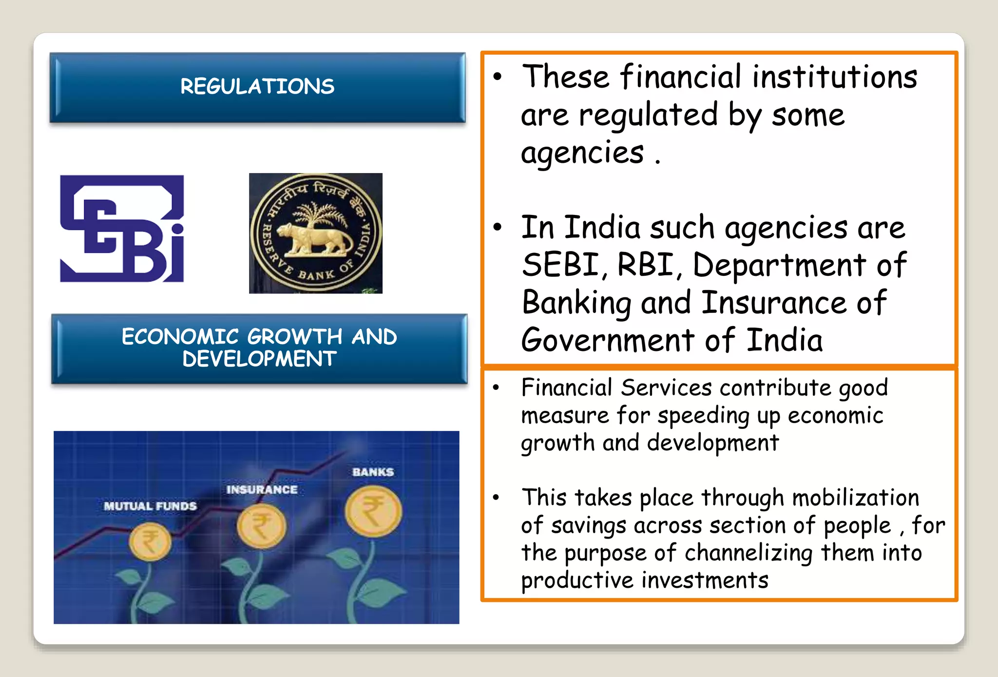 REGULATIONS • These financial institutions
are regulated by some
agencies .
• In India such agencies are
SEBI, RBI, Department of
Banking and Insurance of
Government of IndiaECONOMIC GROWTH AND
DEVELOPMENT
• Financial Services contribute good
measure for speeding up economic
growth and development
• This takes place through mobilization
of savings across section of people , for
the purpose of channelizing them into
productive investments
 