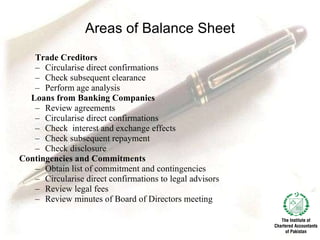 Areas of Balance Sheet Trade Creditors Circularise direct confirmations   Check subsequent clearance   Perform age analysis   Loans  from Banking Companies Review agreements   Circularise direct confirmations   Check  interest and exchange effects   Check subsequent repayment   Check disclosure   Contingencies and Commitments Obtain list of commitment and contingencies Circularise direct confirmations to legal advisors   Review legal fees   Review minutes of Board of Directors meeting   