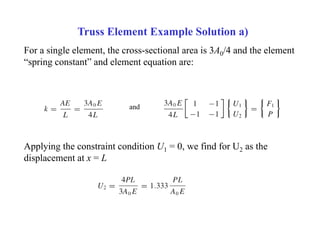 Truss Element Example Solution a)
For a single element, the cross-sectional area is 3A0/4 and the element
“spring constant...