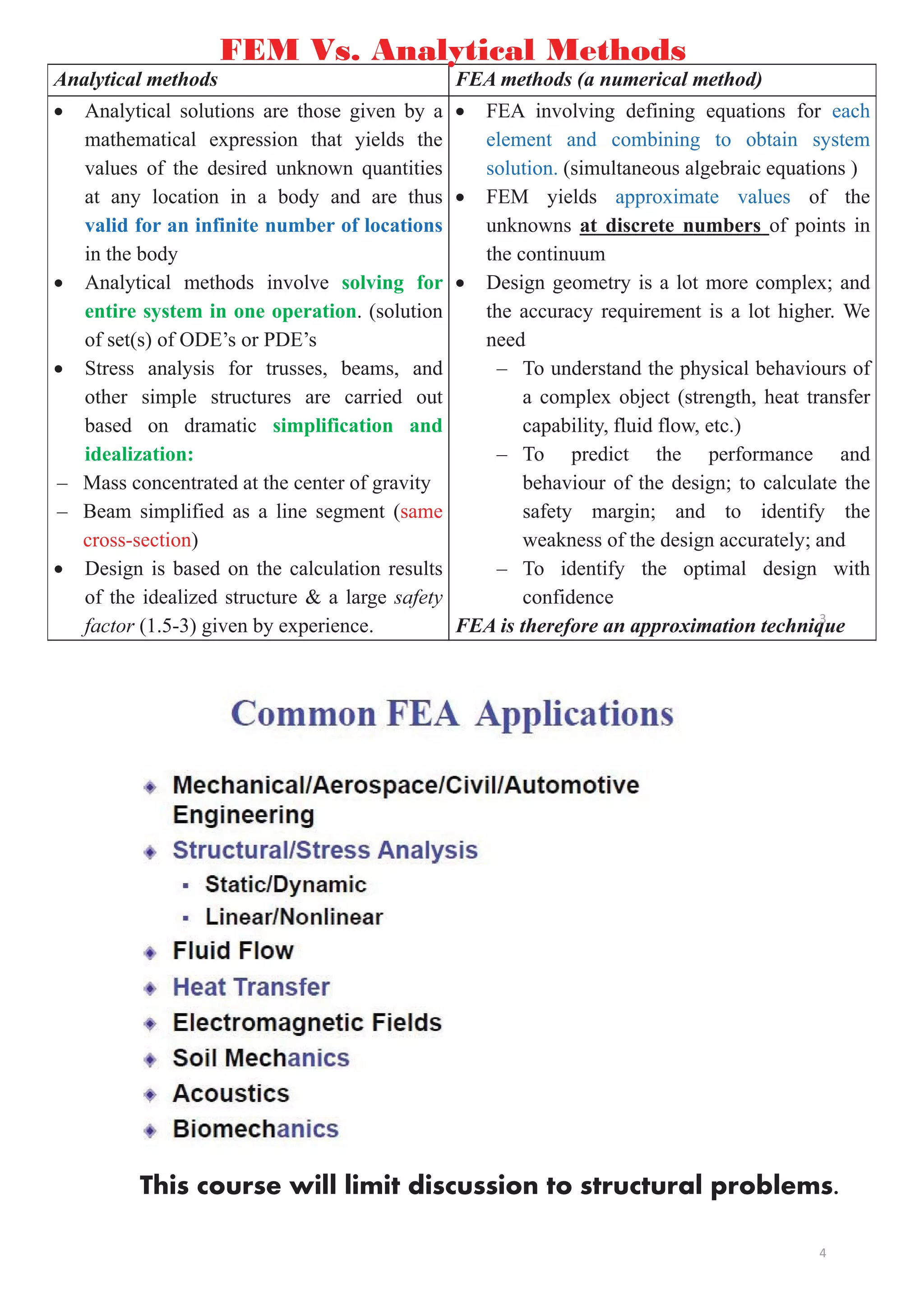 Analytical methods FEA methods (a numerical method)
x Analytical solutions are those given by a
mathematical expression that yields the
values of the desired unknown quantities
at any location in a body and are thus
valid for an infinite number of locations
in the body
x Analytical methods involve solving for
entire system in one operation. (solution
of set(s) of ODE’s or PDE’s
x Stress analysis for trusses, beams, and
other simple structures are carried out
based on dramatic simplification and
idealization:
– Mass concentrated at the center of gravity
– Beam simplified as a line segment (same
cross-section)
x Design is based on the calculation results
of the idealized structure & a large safety
factor (1.5-3) given by experience.
x FEA involving defining equations for each
element and combining to obtain system
solution. (simultaneous algebraic equations )
x FEM yields approximate values of the
unknowns at discrete numbers of points in
the continuum
x Design geometry is a lot more complex; and
the accuracy requirement is a lot higher. We
need
– To understand the physical behaviours of
a complex object (strength, heat transfer
capability, fluid flow, etc.)
– To predict the performance and
behaviour of the design; to calculate the
safety margin; and to identify the
weakness of the design accurately; and
– To identify the optimal design with
confidence
FEA is therefore an approximation technique
FEM Vs. Analytical Methods
3
This course will limit discussion to structural problems.
4
 