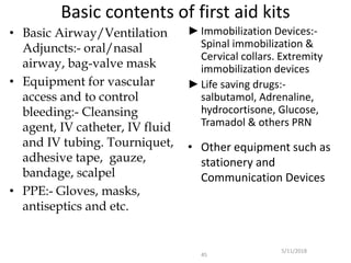 Basic contents of first aid kits
• Basic Airway/Ventilation
Adjuncts:- oral/nasal
airway, bag-valve mask
• Equipment for vascular
access and to control
bleeding:- Cleansing
agent, IV catheter, IV fluid
and IV tubing. Tourniquet,
adhesive tape, gauze,
bandage, scalpel
• PPE:- Gloves, masks,
antiseptics and etc.
►Immobilization Devices:-
Spinal immobilization &
Cervical collars. Extremity
immobilization devices
►Life saving drugs:-
salbutamol, Adrenaline,
hydrocortisone, Glucose,
Tramadol & others PRN
• Other equipment such as
stationery and
Communication Devices
45
5/11/2018
 