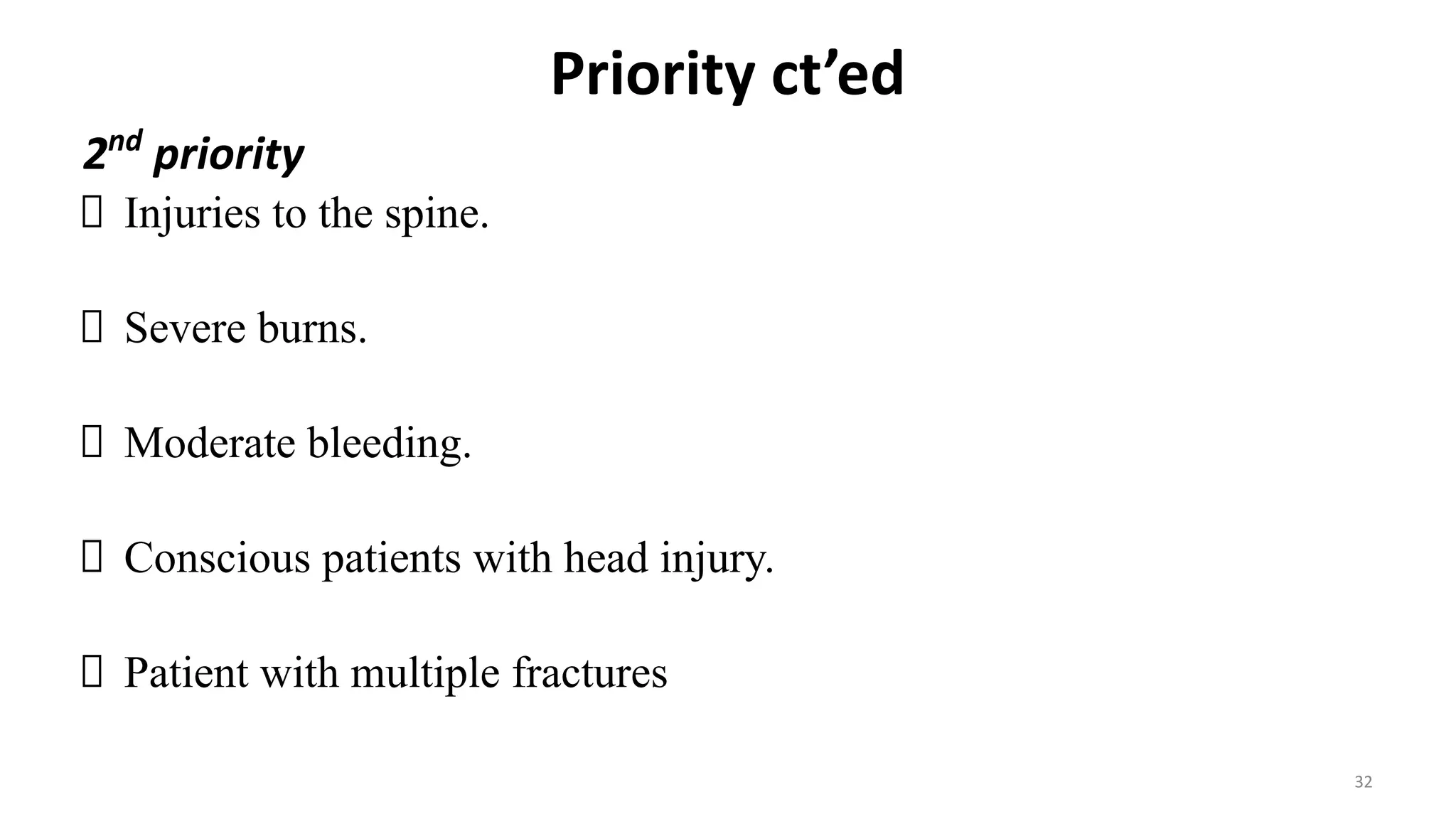 Priority ct’ed
2nd
priority
Injuries to the spine.
Severe burns.
Moderate bleeding.
Conscious patients with head injury.
Patient with multiple fractures
32
 