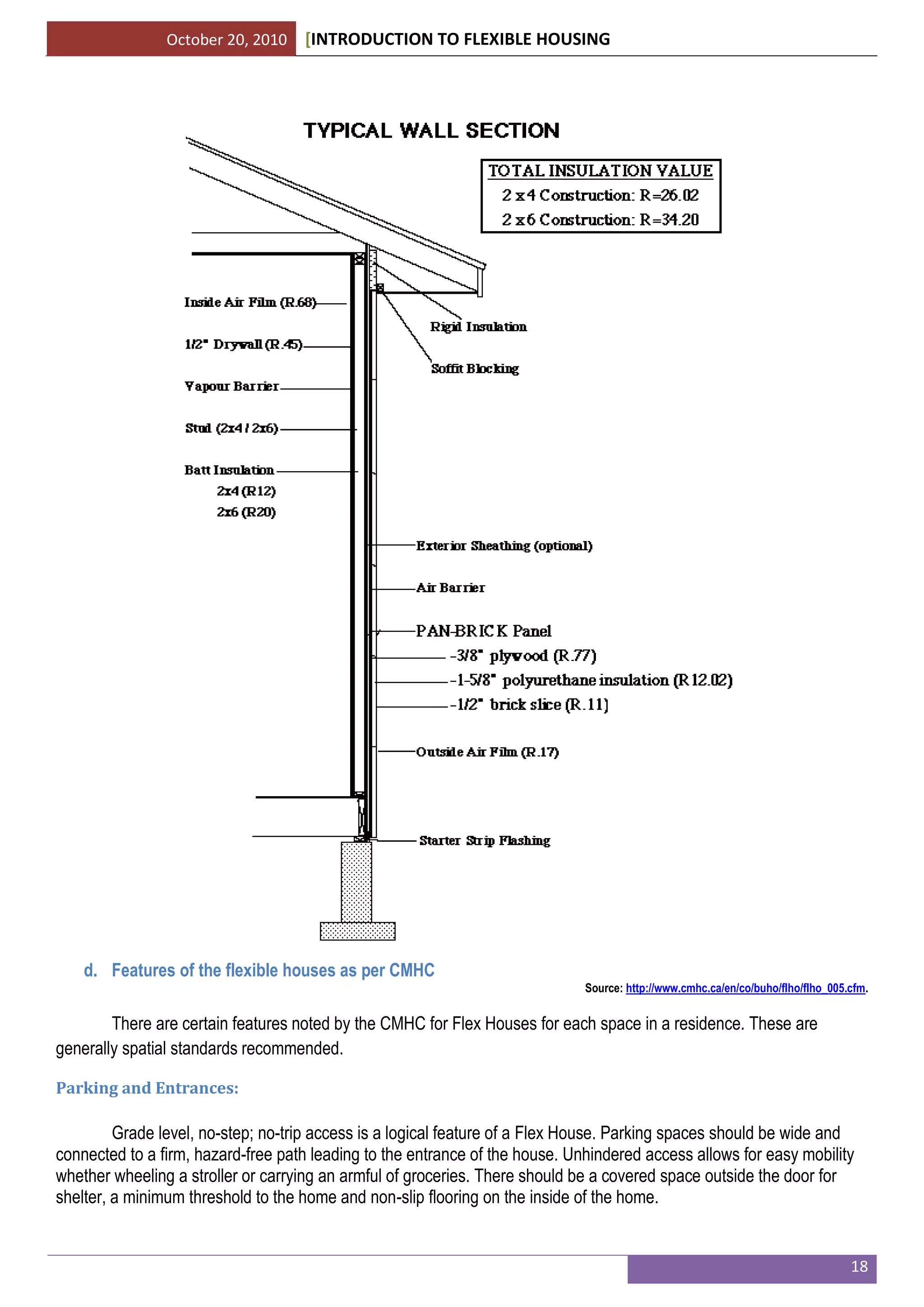 October 20, 2010 [INTRODUCTION TO FLEXIBLE HOUSING
18
d. Features of the flexible houses as per CMHC
Source: http://www.cmhc.ca/en/co/buho/flho/flho_005.cfm.
There are certain features noted by the CMHC for Flex Houses for each space in a residence. These are
generally spatial standards recommended.
Parking and Entrances:
Grade level, no-step; no-trip access is a logical feature of a Flex House. Parking spaces should be wide and
connected to a firm, hazard-free path leading to the entrance of the house. Unhindered access allows for easy mobility
whether wheeling a stroller or carrying an armful of groceries. There should be a covered space outside the door for
shelter, a minimum threshold to the home and non-slip flooring on the inside of the home.
 