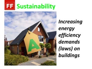 Sustainability

                 Increasing
                 energy
                 efficiency
                 demands
                 (laws) on
                 buildings
 