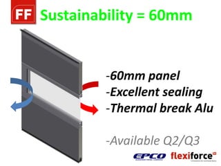 Sustainability = 60mm


         -60mm panel
         -Excellent sealing
         -Thermal break Alu

         -Available Q2/Q3
 