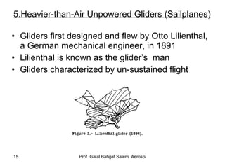 5.Heavier-than-Air Unpowered Gliders (Sailplanes) Gliders first designed and flew by Otto Lilienthal, a German mechanical engineer, in 1891 Lilienthal is known as the glider’s   man Gliders characterized by un-sustained flight 
