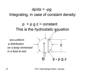 dp/dz = - ρ g Integrating, in case of constant density:  p  +  ρ  g z = constant This is the  hydrostatic equation   non-uniform p distribution on a body immersed in a fluid at rest p p  +  ρ  g z  z  B  
