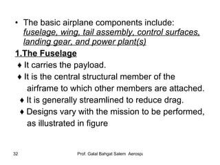 The basic airplane components include:  fuselage, wing, tail assembly, control surfaces, landing gear, and power plant(s) 1.The Fuselage   ♦  It carries the payload.  ♦  It is the central structural member of the  airframe to which other members are attached.  ♦  It is generally streamlined to reduce drag.  ♦  Designs vary with the mission to be performed,  as illustrated in figure 