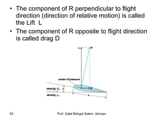 The component of R perpendicular to flight direction (direction of relative motion) is called the Lift  L The component of R opposite to flight direction is called drag D 