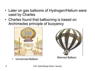 Later on gas balloons of Hydrogen/Helium were used by Charles Charles found that ballooning is based on Archimedes principle of buoyancy Unmanned Balloon Manned Balloon 