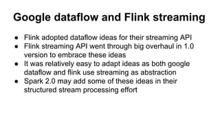 Google dataflow and Flink streaming
● Flink adopted dataflow ideas for their streaming API
● Flink streaming API went through big overhaul in 1.0
version to embrace these ideas
● It was relatively easy to adapt ideas as both google
dataflow and flink use streaming as abstraction
● Spark 2.0 may add some of these ideas in their
structured stream processing effort
 