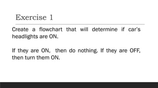 Exercise 1
Create a flowchart that will determine if car’s
headlights are ON.
If they are ON, then do nothing. If they are OFF,
then turn them ON.
 