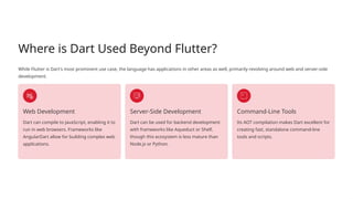Where is Dart Used Beyond Flutter?
While Flutter is Dart's most prominent use case, the language has applications in other areas as well, primarily revolving around web and server-side
development.
Web Development
Dart can compile to JavaScript, enabling it to
run in web browsers. Frameworks like
AngularDart allow for building complex web
applications.
Server-Side Development
Dart can be used for backend development
with frameworks like Aqueduct or Shelf,
though this ecosystem is less mature than
Node.js or Python.
Command-Line Tools
Its AOT compilation makes Dart excellent for
creating fast, standalone command-line
tools and scripts.
 