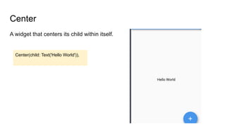 Center
A widget that centers its child within itself.
Center(child: Text('Hello World')),
 