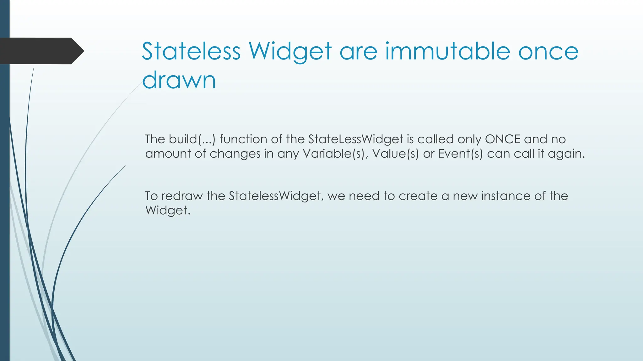 Stateless Widget are immutable once
drawn
The build(...) function of the StateLessWidget is called only ONCE and no
amount of changes in any Variable(s), Value(s) or Event(s) can call it again.
To redraw the StatelessWidget, we need to create a new instance of the
Widget.
 