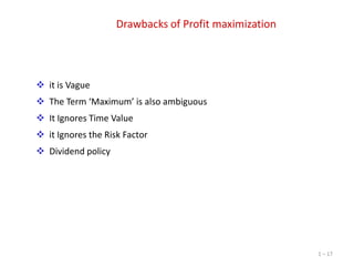 Drawbacks of Profit maximization

 it is Vague
 The Term ‘Maximum’ is also ambiguous
 It Ignores Time Value
 it Ignores the Risk Factor
 Dividend policy

1 – 17

 