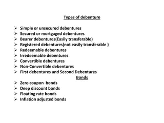 Types of debenture














Simple or unsecured debentures
Secured or mortgaged debentures
Bearer debentures(Easily transferable)
Registered debentures(not easily transferable )
Redeemable debentures
Irredeemable debentures
Convertible debentures
Non-Convertible debentures
First debentures and Second Debentures
Bonds
Zero coupon bonds
Deep discount bonds
Floating rate bonds
Inflation adjusted bonds

 