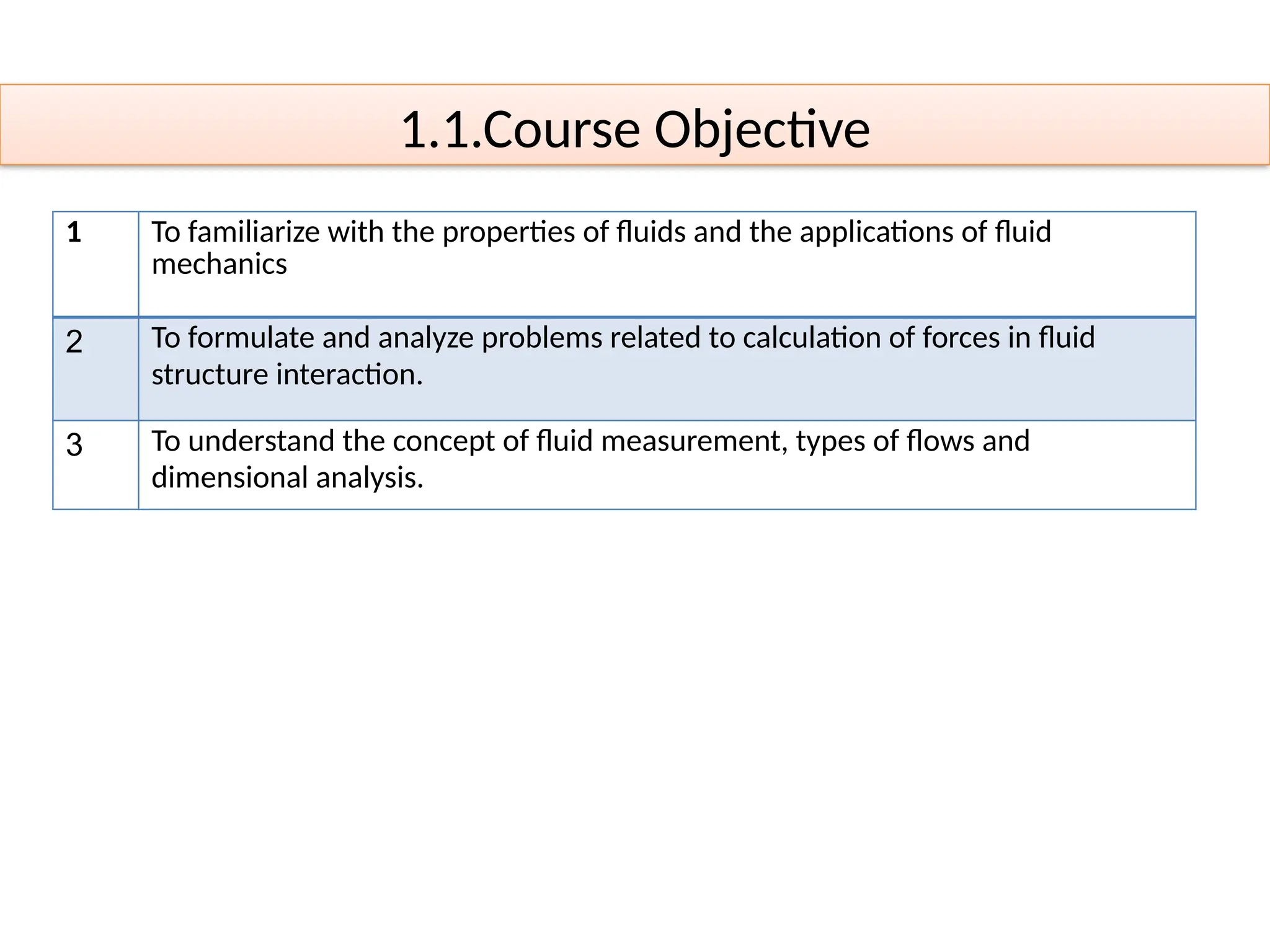 1.1.Course Objective
1 To familiarize with the properties of fluids and the applications of fluid
mechanics
2 To formulate and analyze problems related to calculation of forces in fluid
structure interaction.
3 To understand the concept of fluid measurement, types of flows and
dimensional analysis.
 