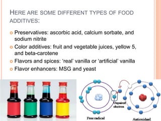 HERE ARE SOME DIFFERENT TYPES OF FOOD
ADDITIVES:
 Preservatives: ascorbic acid, calcium sorbate, and
sodium nitrite
 Color additives: fruit and vegetable juices, yellow 5,
and beta-carotene
 Flavors and spices: ‘real’ vanilla or ‘artificial’ vanilla
 Flavor enhancers: MSG and yeast
 
