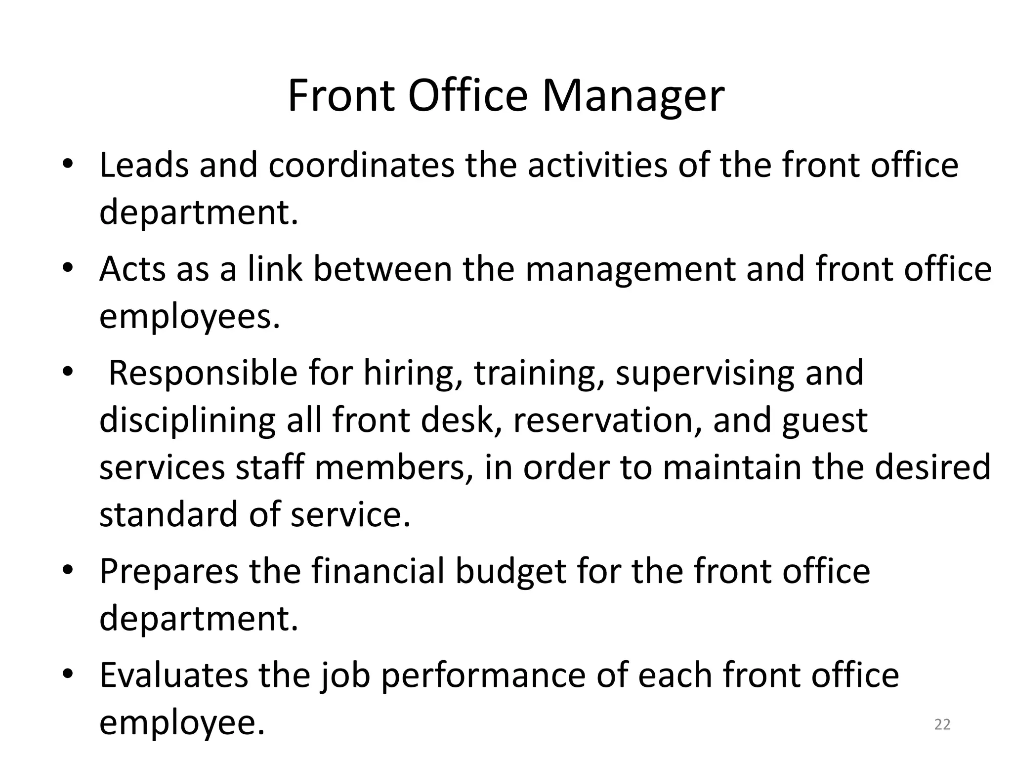 Introduction to front office organization, hierarchy, duties and ...