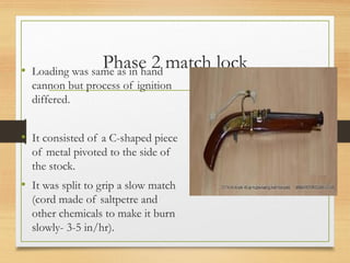 Phase 2 match lock
• Loading was same as in hand
cannon but process of ignition
differed.
• It consisted of a C-shaped piece
of metal pivoted to the side of
the stock.
• It was split to grip a slow match
(cord made of saltpetre and
other chemicals to make it burn
slowly- 3-5 in/hr).
 