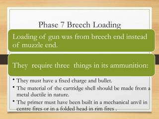 Phase 7 Breech Loading
Loading of gun was from breech end instead
of muzzle end.
They require three things in its ammunition:
• They must have a fixed charge and bullet.
• The material of the cartridge shell should be made from a
metal ductile in nature.
• The primer must have been built in a mechanical anvil in
centre fires or in a folded head in rim fires .
 