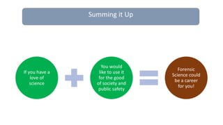 If you have a
love of
science
You would
like to use it
for the good
of society and
public safety
Forensic
Science could
be a career
for you!
Summing it Up
 