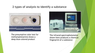 2 types of analysis to identify a substance
The presumptive color test for
methamphetamine shows a
deep blue-colored product
The infrared spectrophotometer
shown here produces a chemical
fingerprint of a substance
 