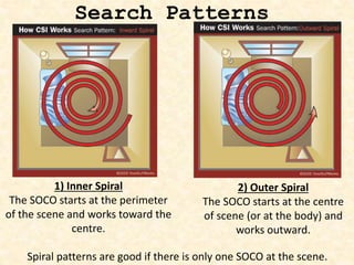 Search Patterns
1) Inner Spiral
The SOCO starts at the perimeter
of the scene and works toward the
centre.
2) Outer Spiral
The SOCO starts at the centre
of scene (or at the body) and
works outward.
Spiral patterns are good if there is only one SOCO at the scene.
 