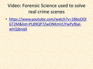 Video: Forensic Science used to solve
real crime scenes
• https://www.youtube.com/watch?v=1B6oOOl
GT2M&list=PL89QP7ZwONKmVLlYwPyf6aI-
wIrQjbnqX
 