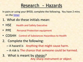 Research ~ Hazards
In pairs or using your BYOD, complete the following. You have 2 mins
on the timer
1. What do these initials mean:
• HSE
• PPE
• COSHH
2. Complete the following:
– A hazard is
– A risk is
3. What is meant by sharps?
Health and Safety Executive
Personal Protection equipment
Control of Substances Hazardous to Health
Anything that might cause harm.
The chance that someone could be harmed.
Any sharp instrument or object.
 