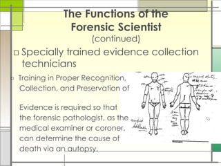 The Functions of the
Forensic Scientist
(continued)
□ Specially trained evidence collection
technicians
□ Training in Proper Recognition,
Collection, and Preservation of
Evidence is required so that
the forensic pathologist, as the
medical examiner or coroner,
can determine the cause of
death via an autopsy.
 