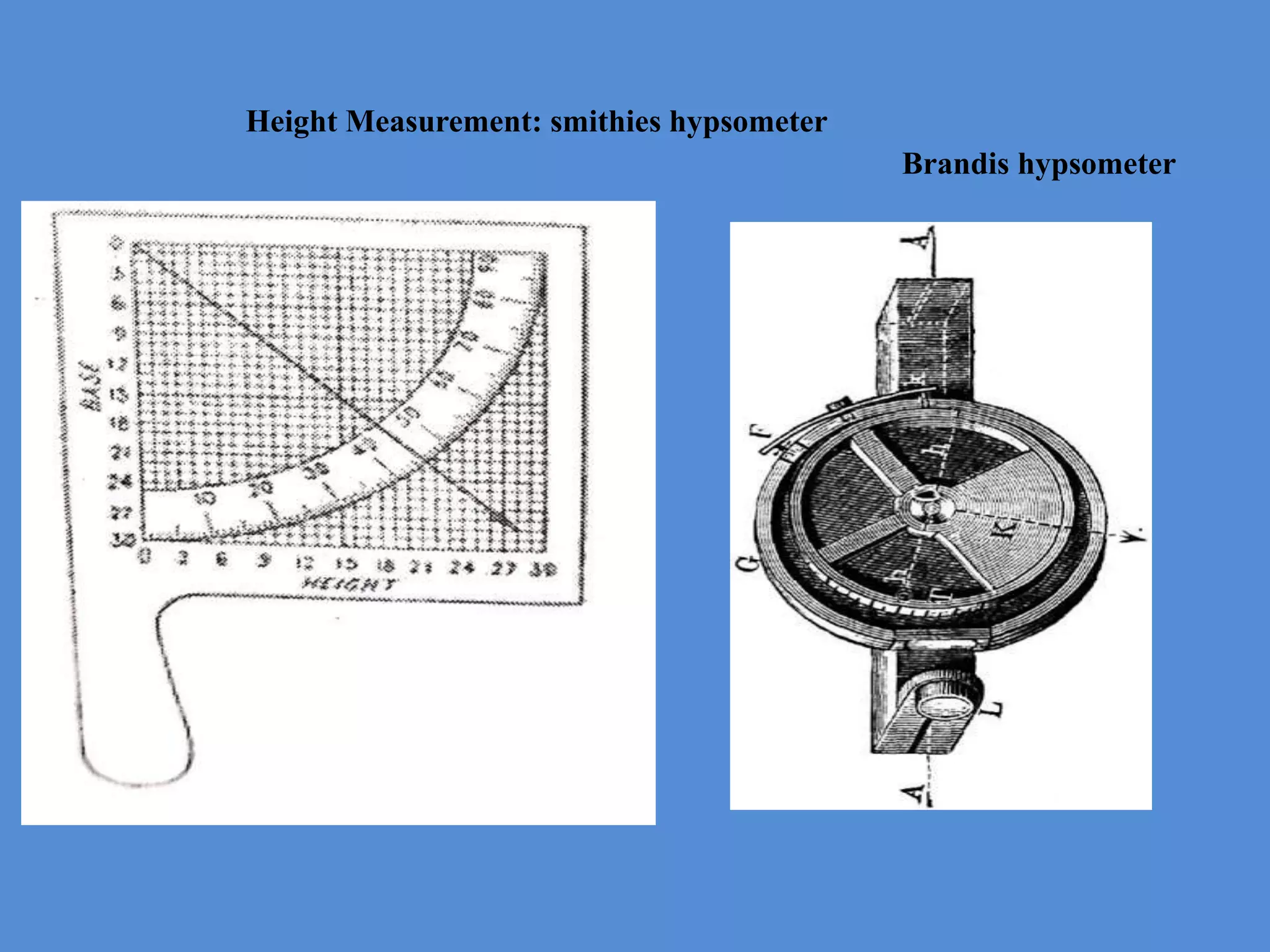 Height Measurement: smithies hypsometer
Brandis hypsometer
 