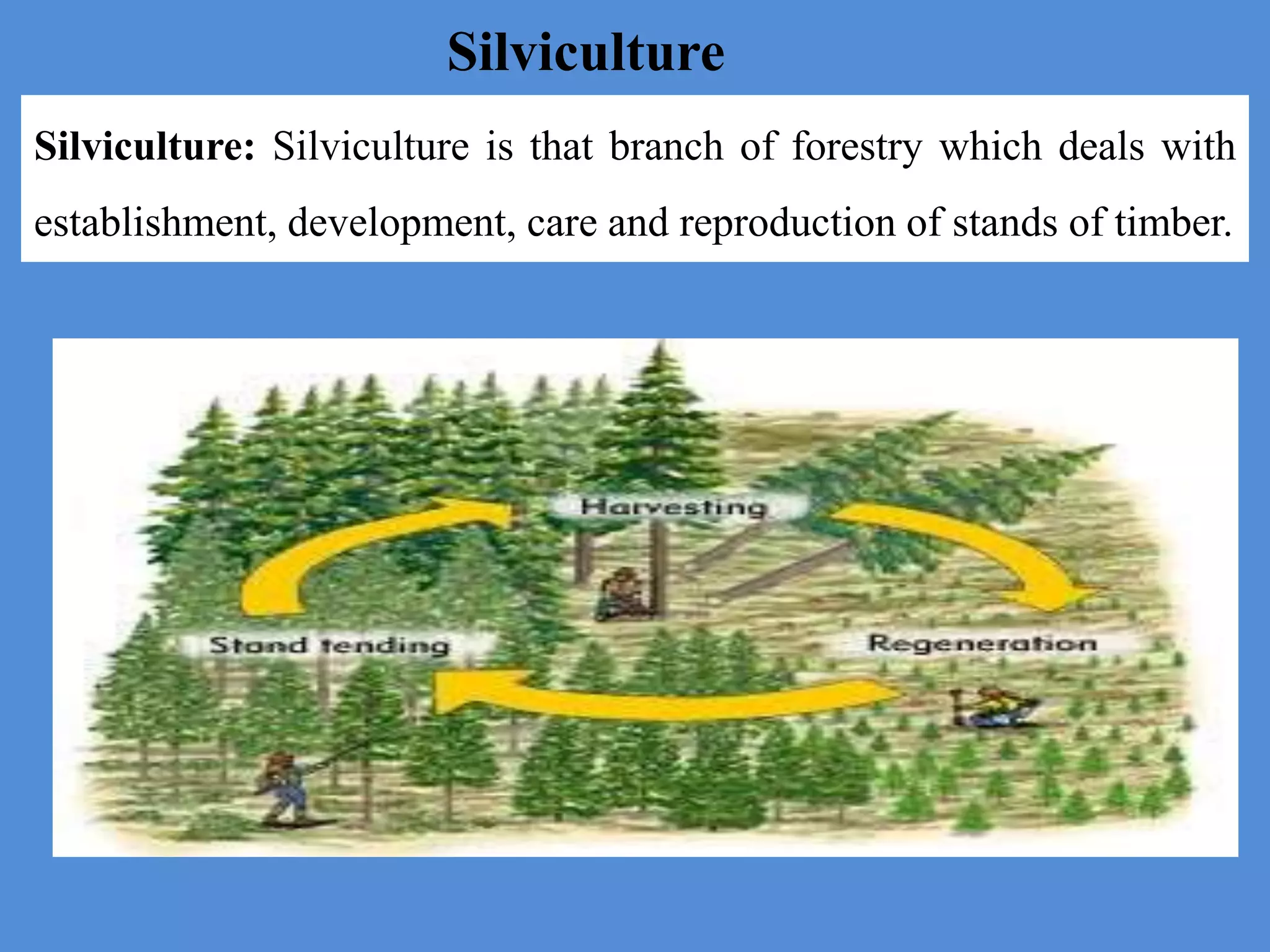 Silviculture: Silviculture is that branch of forestry which deals with
establishment, development, care and reproduction of stands of timber.
Silviculture
 