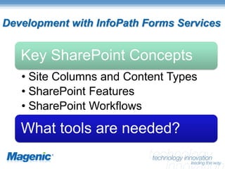 Development with InfoPath Forms Services


   Key SharePoint Concepts
   • Site Columns and Content Types
   • SharePoint Features
   • SharePoint Workflows

   What tools are needed?
 