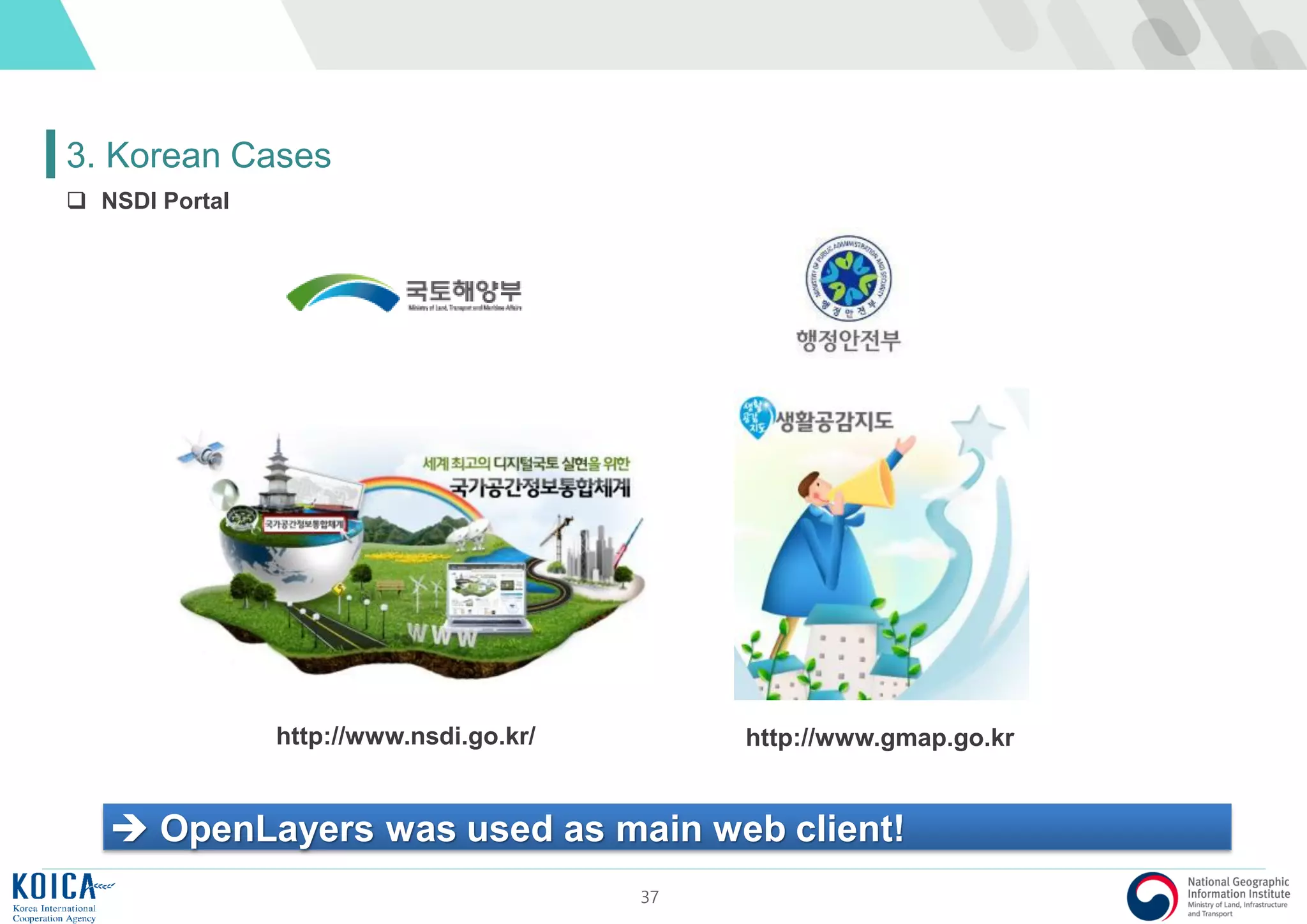 37
3. Korean Cases
 NSDI Portal
http://www.nsdi.go.kr/ http://www.gmap.go.kr
 OpenLayers was used as main web client!
 