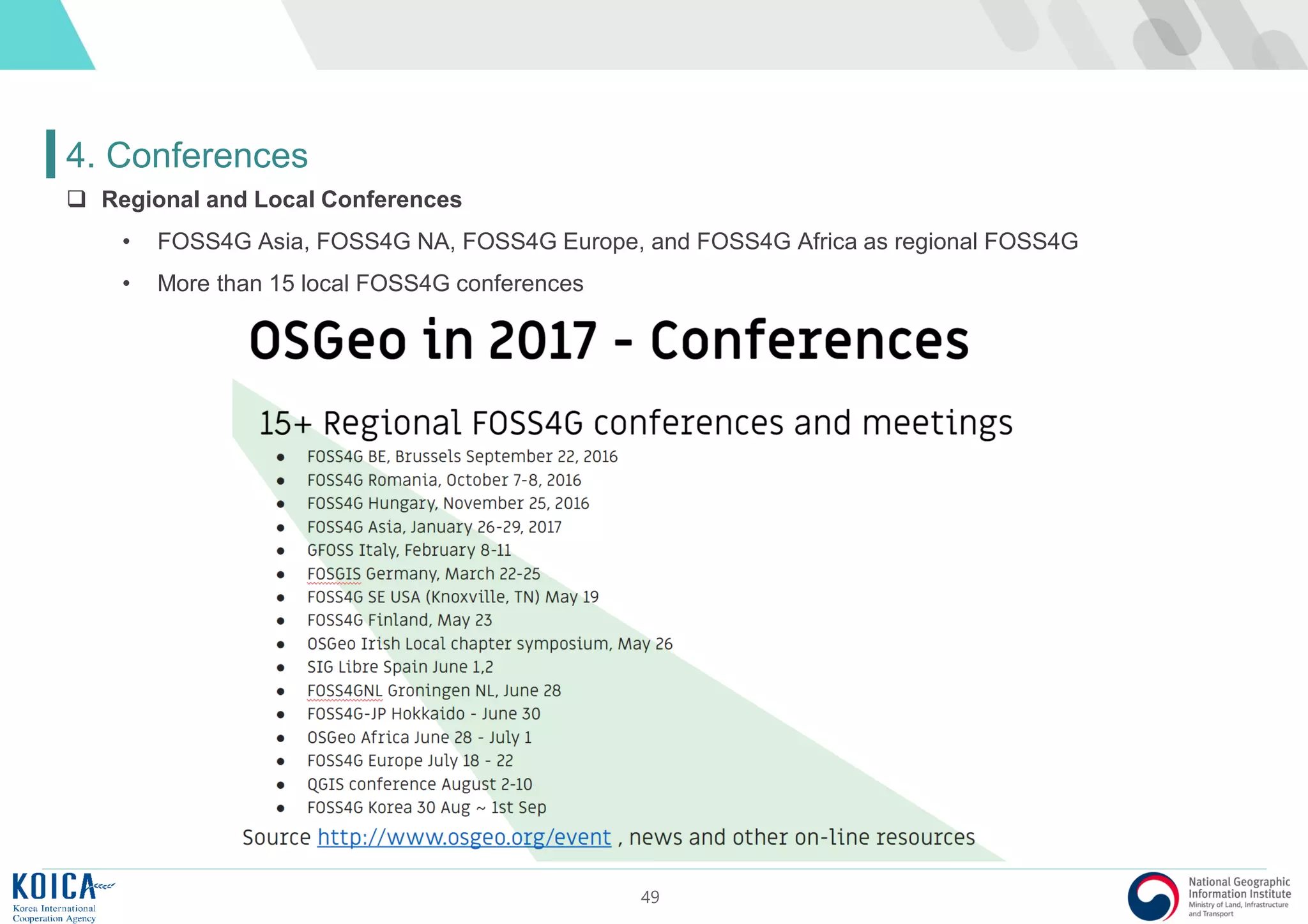 49
4. Conferences
 Regional and Local Conferences
• FOSS4G Asia, FOSS4G NA, FOSS4G Europe, and FOSS4G Africa as regional FOSS4G
• More than 15 local FOSS4G conferences
 