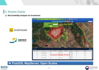 40
3. Korean Cases
 Site Suitability Analysis for Investment
 PostGIS, MapServer, Open Scales
• Analysis Menu
• Analysis Results Window
 
