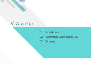 01 l Pros & Cons
02 | Commercial Open Source GIS
03 | Wrap-up
Wrap-UpV.
 