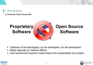 53
1. Pros & Cons
Proprietary
Software
Open Source
Software
 “Software of the developers, by the developers, for the developers”
 Highly depends on network effects
 Less economical incentive could reduce the sustainability of a project
 Downside of Open Source GIS
 