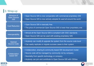 56
3. Wrap-up
• Open Source GIS is basically free.
• The price of commercial Open Source GIS is lower than proprietary one
Cost Reduction
• Almost all the Open Source GIS is compliant with OGC standards
• Open Source GIS can be used with existing proprietary GIS
Interoperability
• Anybody can modify & upgrade the system from the source code level
• Can easily replicate or migrate success cases to their system
Opened
Source Code
• Collaboration, sharing & community based SW development model
• Source code will be managed by community not by company
• Neutrality from specific technology or company
• Anybody can join and contribute to Open Source GIS with OSGeo
Collaboration
based SW
• Open Source GIS is now comparable with commercial proprietary GIS
• Open Source GIS is now actively adopted & used all around the world
Advance of
Open Source
GIS
 