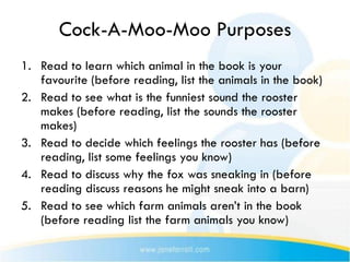 Cock-A-Moo-Moo Purposes
1. Read to learn which animal in the book is your
   favourite (before reading, list the animals in the book)
2. Read to see what is the funniest sound the rooster
   makes (before reading, list the sounds the rooster
   makes)
3. Read to decide which feelings the rooster has (before
   reading, list some feelings you know)
4. Read to discuss why the fox was sneaking in (before
   reading discuss reasons he might sneak into a barn)
5. Read to see which farm animals aren’t in the book
   (before reading list the farm animals you know)
 