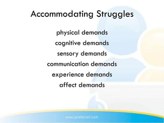 Accommodating Struggles
      physical demands
      cognitive demands
       sensory demands
   communication demands
     experience demands
        affect demands
 