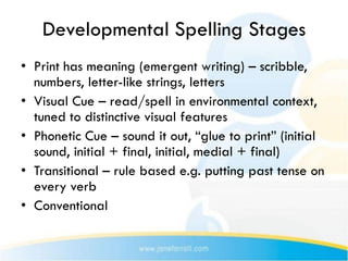 Developmental Spelling Stages
• Print has meaning (emergent writing) – scribble,
  numbers, letter-like strings, letters
• Visual Cue – read/spell in environmental context,
  tuned to distinctive visual features
• Phonetic Cue – sound it out, “glue to print” (initial
  sound, initial + final, initial, medial + final)
• Transitional – rule based e.g. putting past tense on
  every verb
• Conventional
 