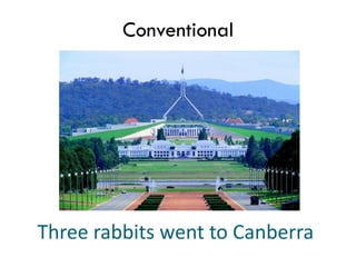 Conventional




Three rabbits went to Canberra
 