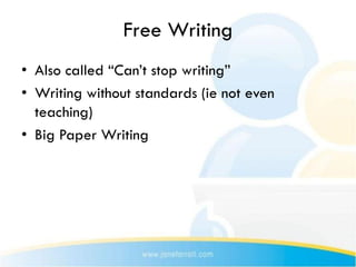 Free Writing
• Also called “Can’t stop writing”
• Writing without standards (ie not even
  teaching)
• Big Paper Writing
 