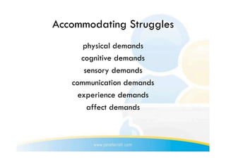 Accommodating Struggles
      physical demands
      cognitive demands
       sensory demands
   communication demands
     experience demands
        affect demands
 
