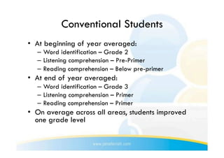 Conventional Students
•  At beginning of year averaged:
  –  Word identification – Grade 2
  –  Listening comprehension – Pre-Primer
  –  Reading comprehension – Below pre-primer
•  At end of year averaged:
  –  Word identification – Grade 3
  –  Listening comprehension – Primer
  –  Reading comprehension – Primer
•  On average across all areas, students improved
   one grade level
 